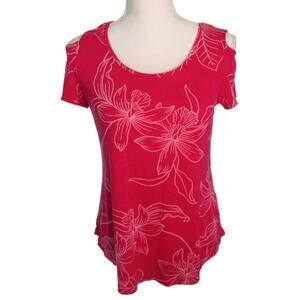 JM Collection Women's Petite Pink Floral Peek A Boo Shoulder  T-shirt Size SP